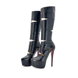 Christian Louboutin Bandita 160 Platform Black Leather Knee High Boots 37.5